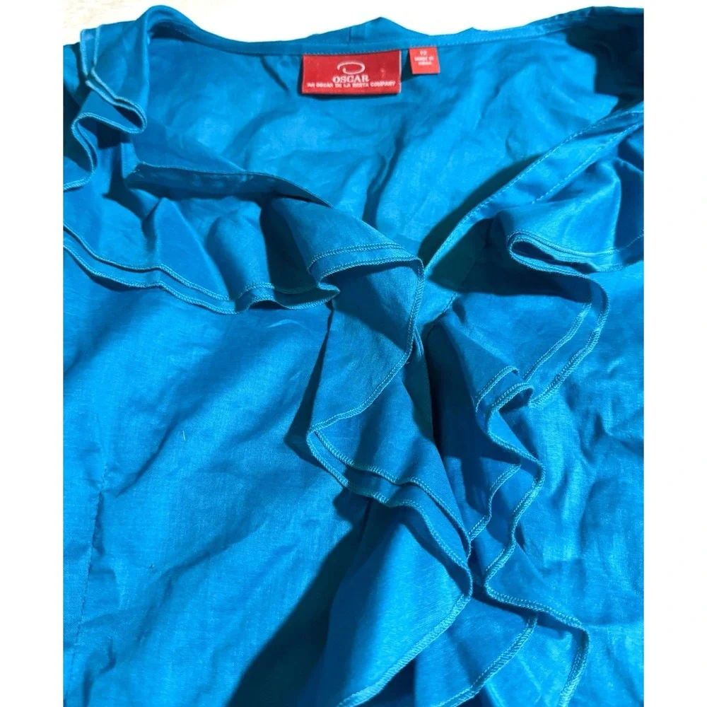 OSCAR DE LA RENTA blue cotton sleeveless ruffle front button blouse Size 12 $228